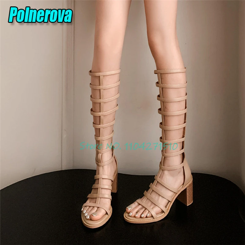 Open Toe Hollow T-Strap Gladiator Sandals Fashion Back Zipper Thick High Heels Knee High Boots Summer Outdoor Women's Shoes
