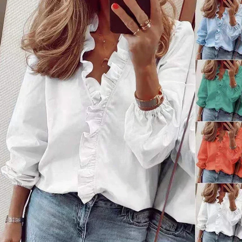 Blusa Vintage de manga larga con volantes para mujer, Tops informales de algodón con cuello en V, ropa de oficina, Otoño, 2024