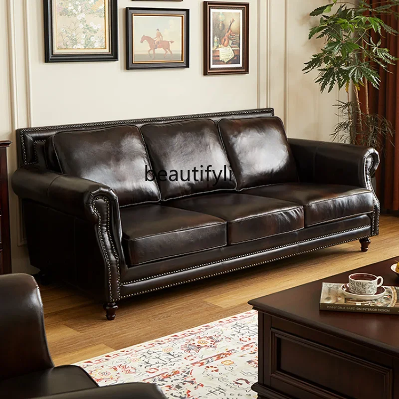 

American Retro First Layer Cowhide Leather Sofa Country Style Living Room Leather Sofa