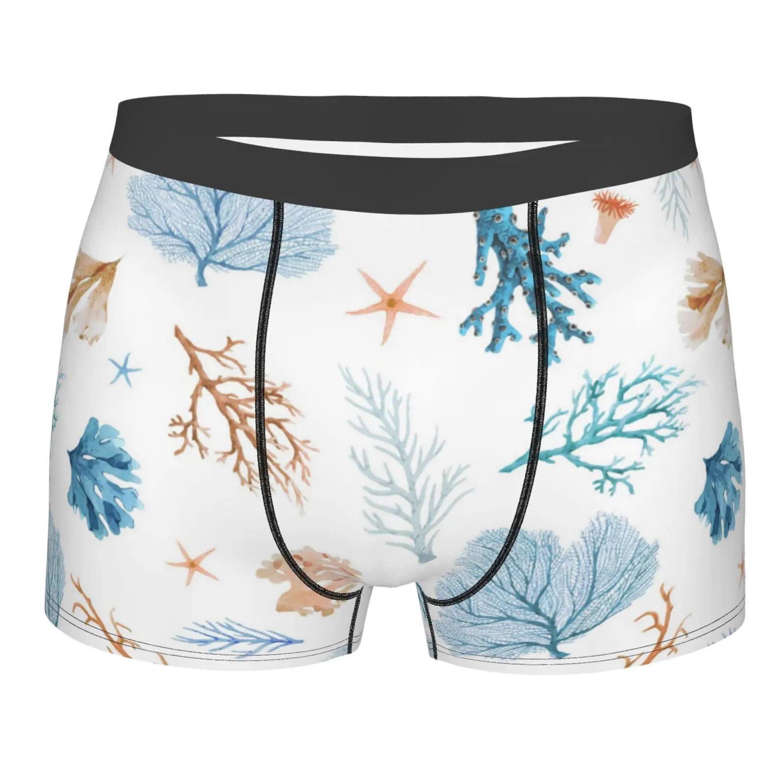 Ocean Coral Starfish Print Men's Breathable Boxer Briefs Comfort Soft Stretch Underwear Trunks with Bulge Pouch for Men Boys
