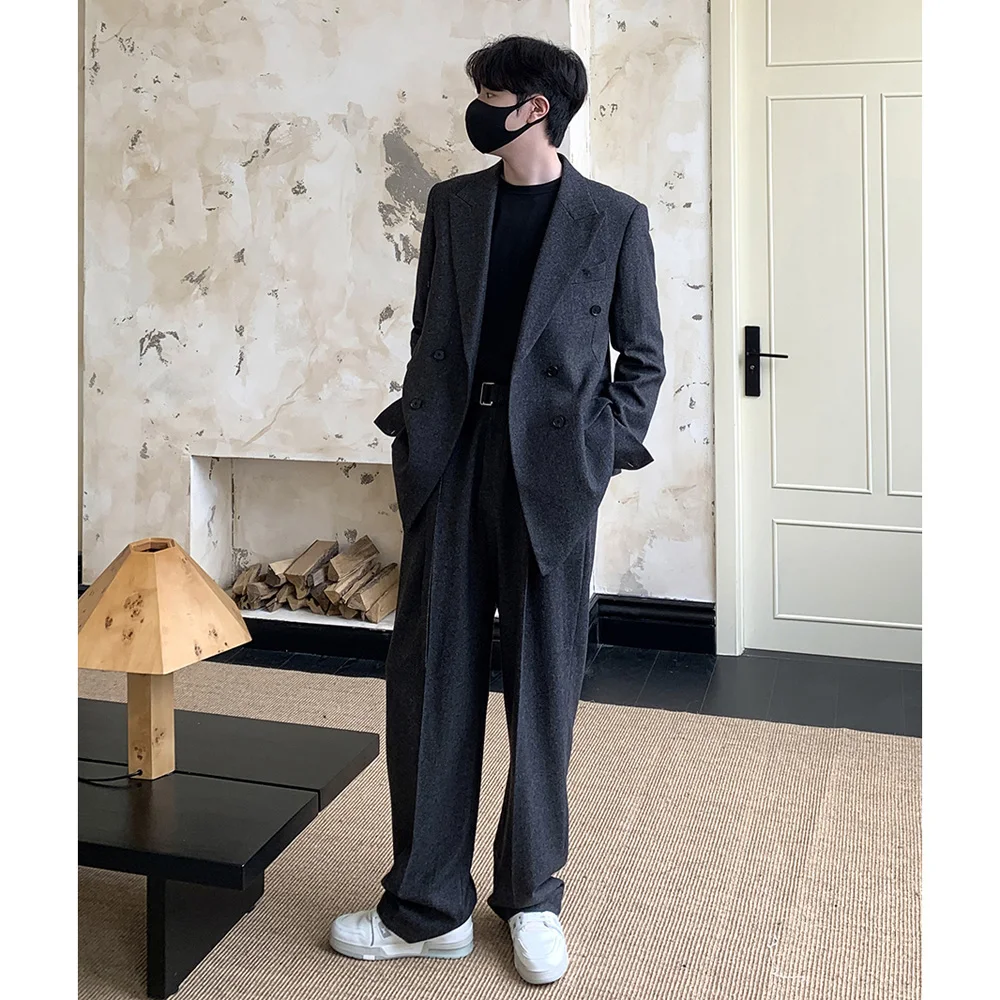 Men Autumn Winter 50% Wool with Belt Loose Causal Korean Fashion Thicken Wide Leg Suit Pant Commuter Man Straight Baggy Trousers