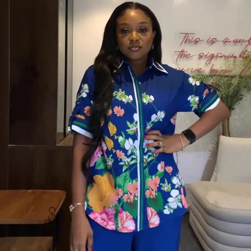 African Fashion Women Summer Two Piece Set Vintage Flower Printed Short Sleeve Shirt And Wide Leg Pants Set