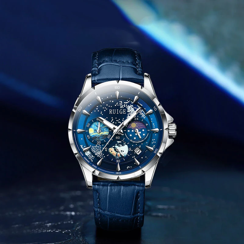 RUIGE Men's Watch Starry Sea Ultra Thin Fashion Men's Famous Watch Trendy Night Light Waterproof Casual Watch