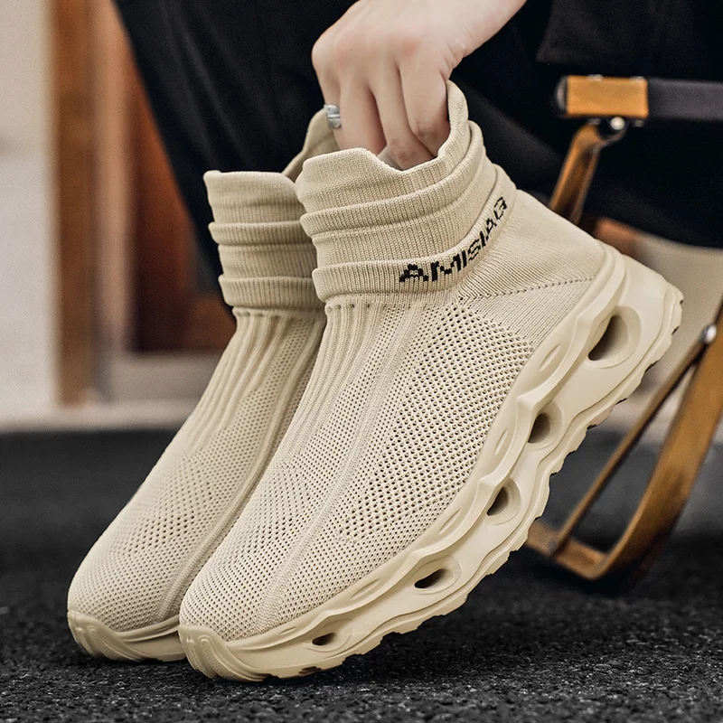

Модные вязаные носки цвета хаки, размер 46, легкие кроссовки на платформе для бега, мужские дышащие высокие прогулочные туфли, мужские носки, кроссовки