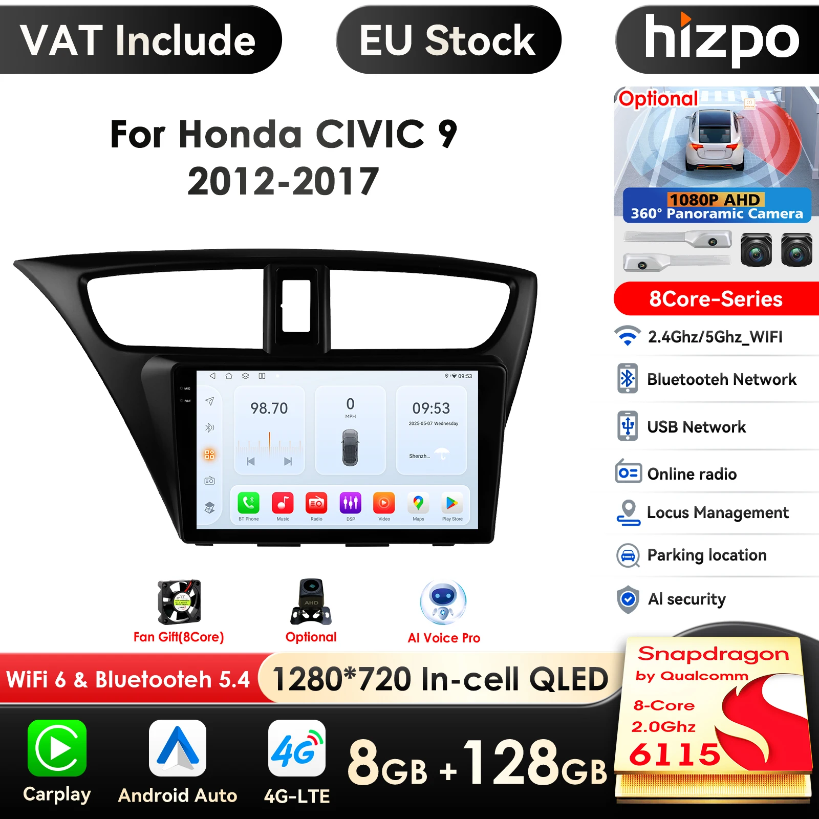 9'' 6115Intelligente Bildschirm 2din Android 14 Auto Radio Multimedia Video Player für Honda Civic 9 FK FB 2012 - 2017 GPS Carplay 4G