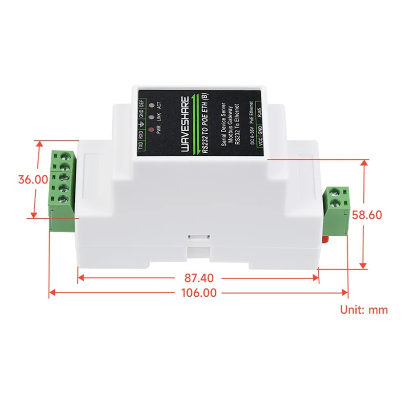 Serveur de série de type rail industriel condamné, Waveshare RS232 vers POE, Ethernet RJ45, 300-115200Bps, TCP/IP vers technologie de série