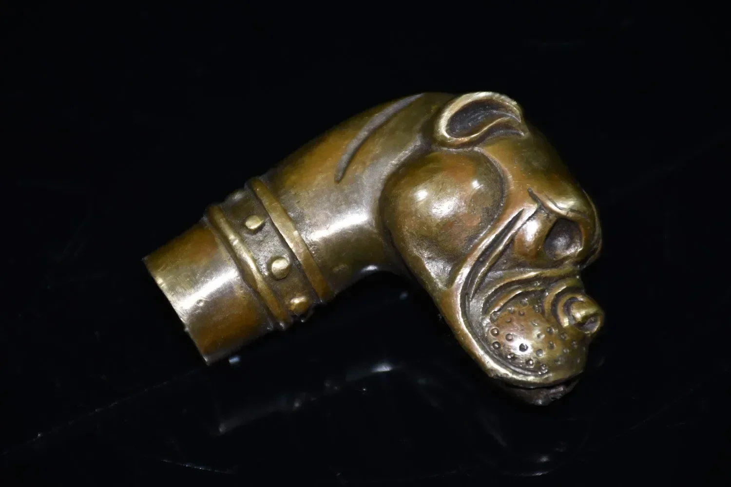 Pure Copper Old Brass Chinese Bronze Hand Carved Dog Statue Cane Walking Stick Head Crafts