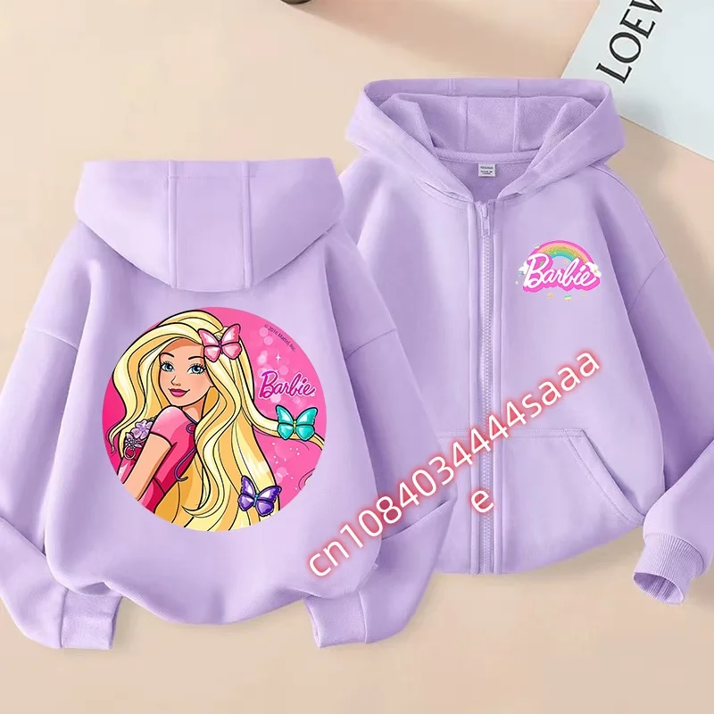 Kids Boys Girls Autumn Winter Zip Up Hoodie Barbie Print Casual Long Sleeve Sweatshirt for Children Daily Wear