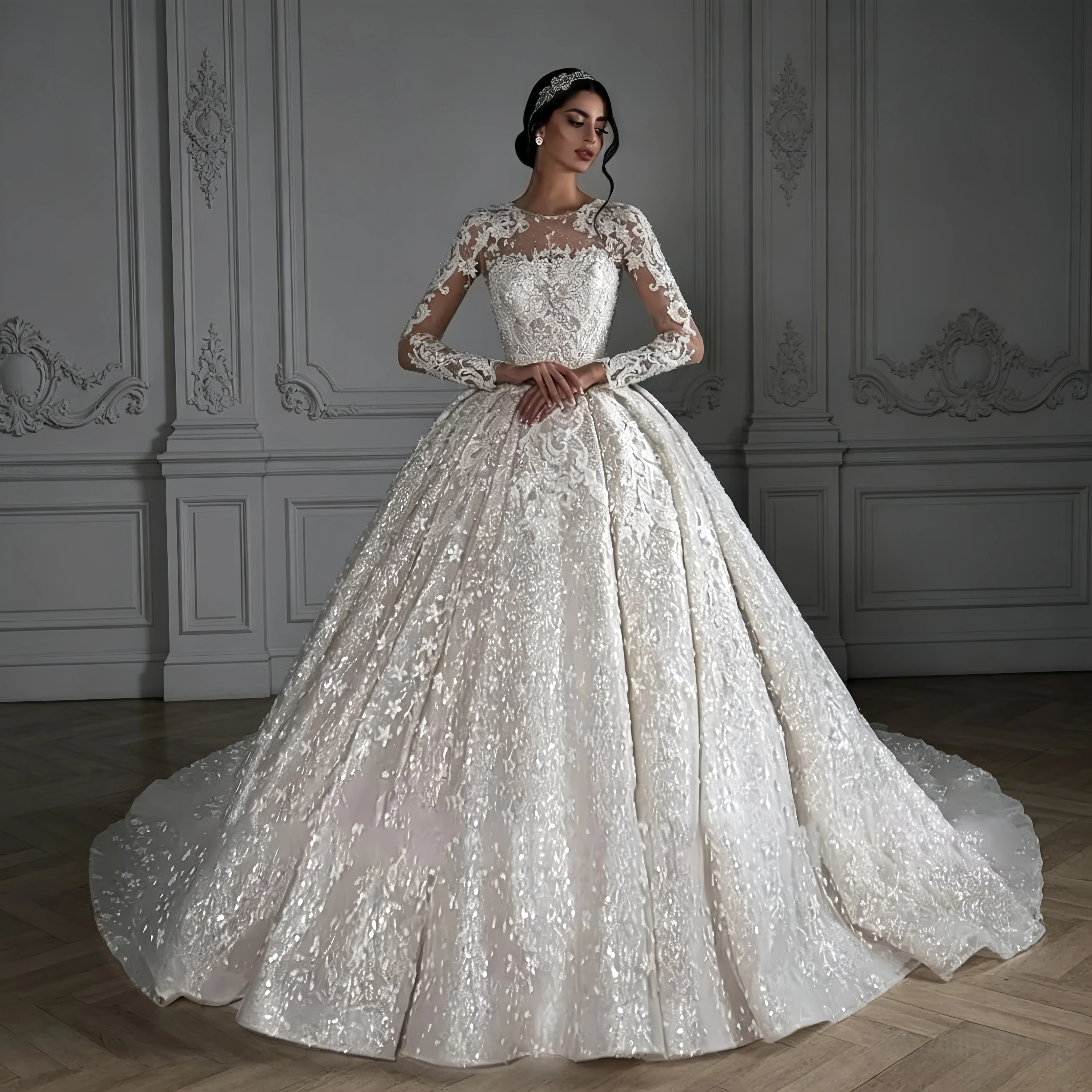 Royal Luxury Ivory Bridal Ballgown Sheer Crew Neck Full Lace Long Sleeves 3D Floral Lace Applique Sequin Beaded Wedding Dress