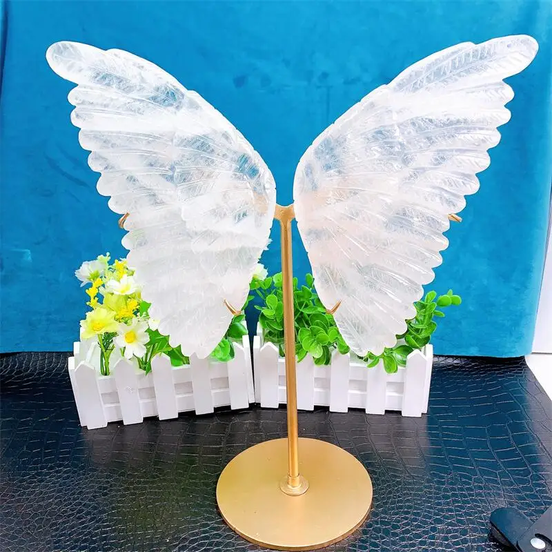 

Natural Clear Quartz Hand Carved Butterfly Wings Figurine Sculpture With Showing Stand For Craft Decoration Gift 1pair