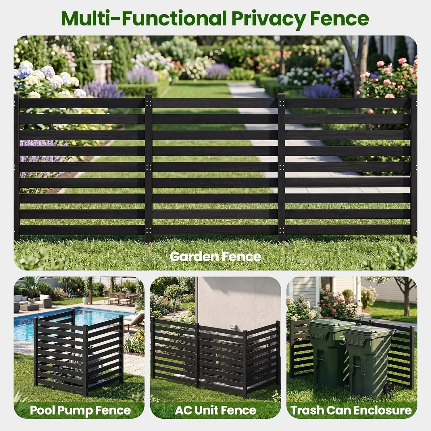 3-Panel Outdoor Wood Privacy Screen, Air Conditioner Fence, Black