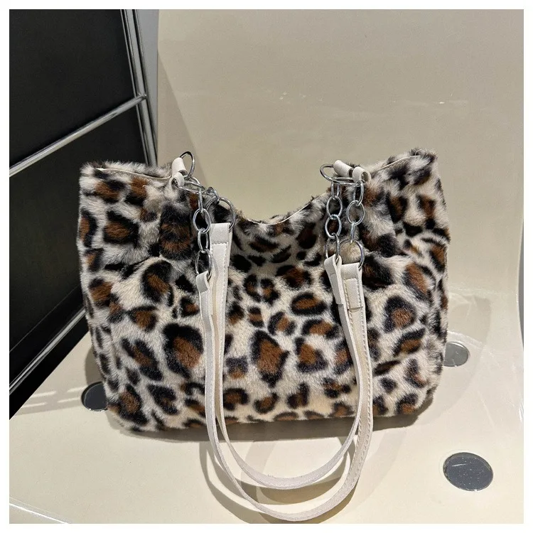 New Leopard Print Fur Bags Women Fashion Portable Faux Fur Handbags Winter Soft Warm Bag Girls Fluffy Large Capacity Tote Purse