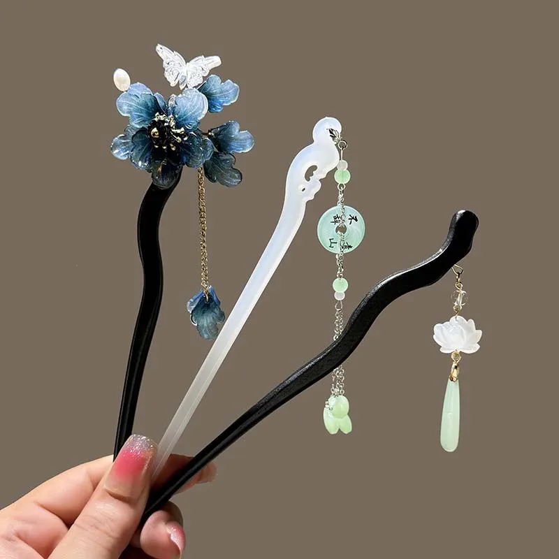 Horquillas para el cabello de estilo chino Retro, palitos para el cabello de madera/acetato, horquillas para el cabello con flores, tocados colgantes, joyería Floral para hacer moños
