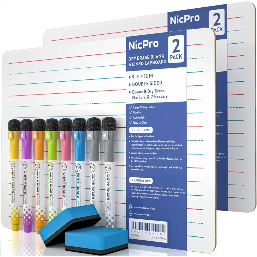 

Dry Erase Lap Board 9 x 12 inches 2 Pack Ruled Kid Double Sided Blank Lined Small Lapboard with 8 Pens 2 Eraser Learning Mini W