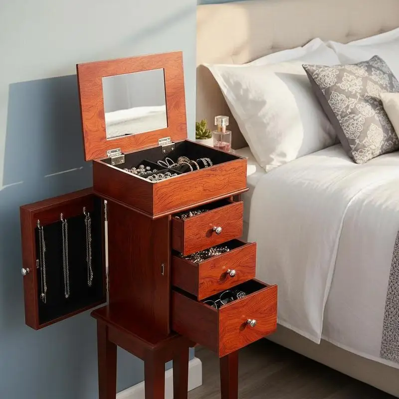 Standing Jewelry Chest 10.6" x 8.5" x 33.8" For Bedroom Dressing Room Living Room, Flip Top Mirror 3 Drawers, 4 Storage Compartments Zinc Alloy Handles 6 Necklace Hooks Wood Grain Finish 2 Side Doors