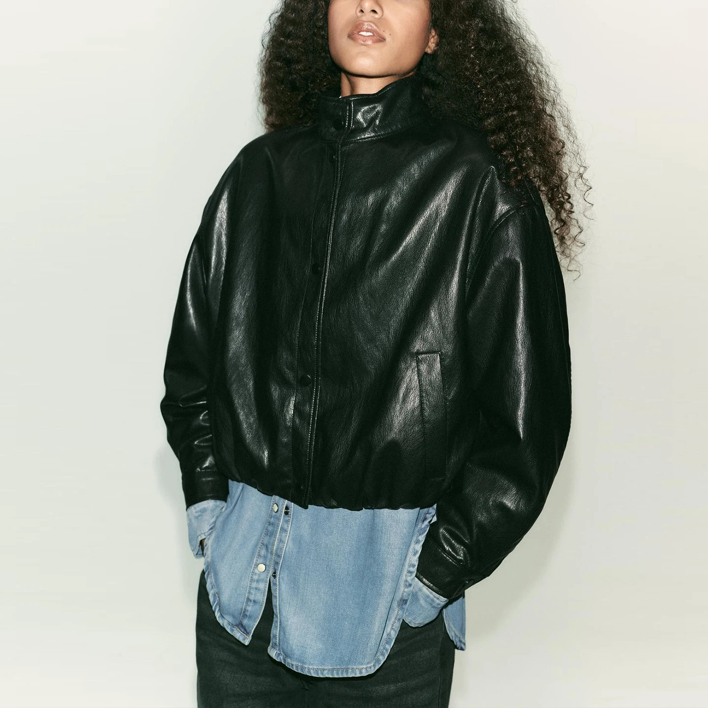 Women's Loose High Collar Faux Leather Pilot Jaet Autumn New Arrival Z Faion Outerwear ort Coat Fem Cuser