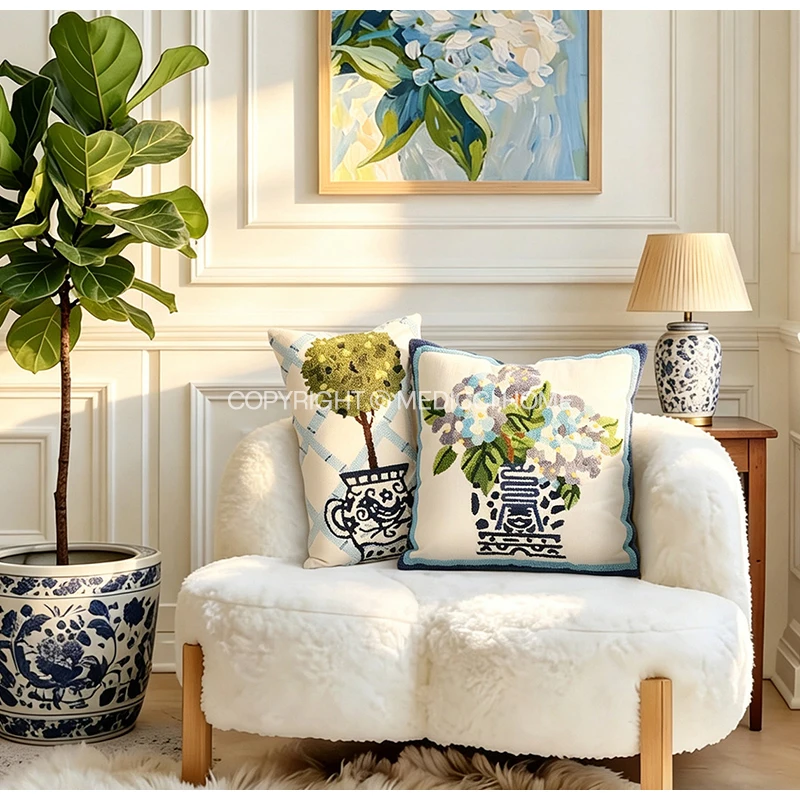 Medicci Home Chinoiserie Topiary Tufted Pillow Cover Blue And White Ginger Jar Cushion Case Sofa Pillowcase Coastal Cottage Deco