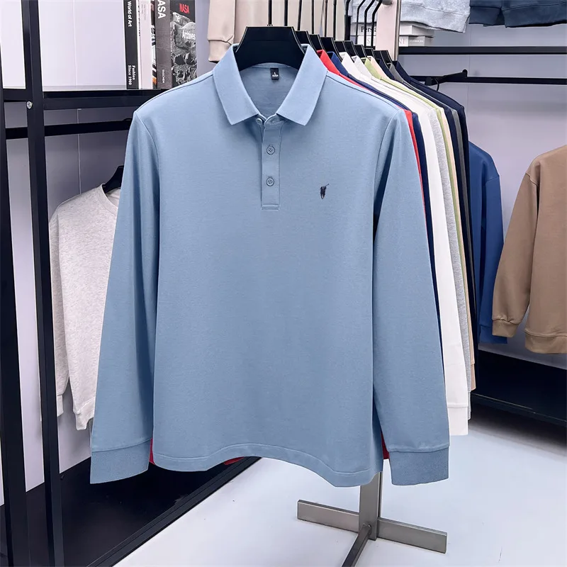 Long sleeved polo shirt for men in spring and autumn 2025, cotton T-shirt with embroidered pony logo, pure white upper garment