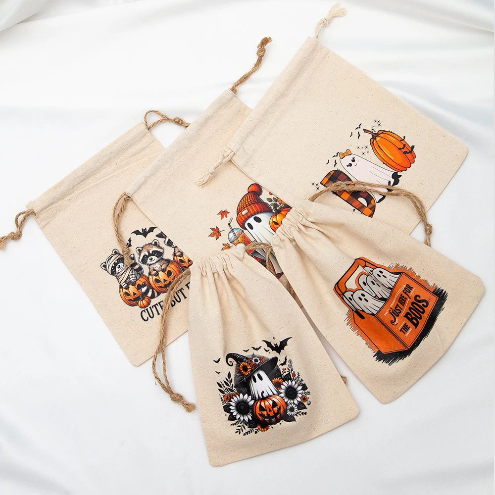 12Pcs Halloween Cotton Jewelry Drawstring Bag Ghost Goodies Packing Party Linen Bundle Canvas Pumpkin Pocket Candy Storage Pouch