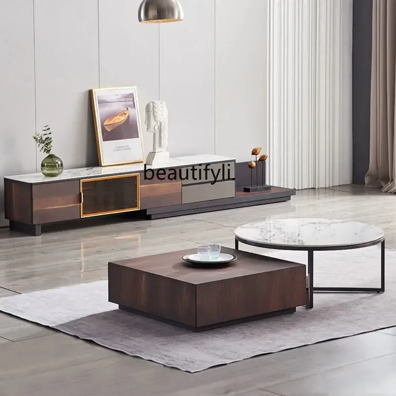 yj57 Italian light luxury square coffee table combination smoky color modern minimalist living room coffee table floor cabinet