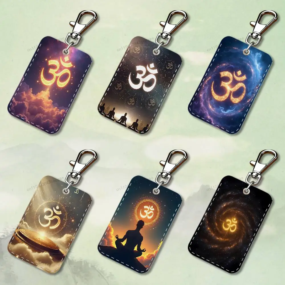 

Indian A-Aum O-Om Yoga Rectangle Card Case Keychain Access Card Bag Key Tag Ring Leather Card Holder Key Ring Access