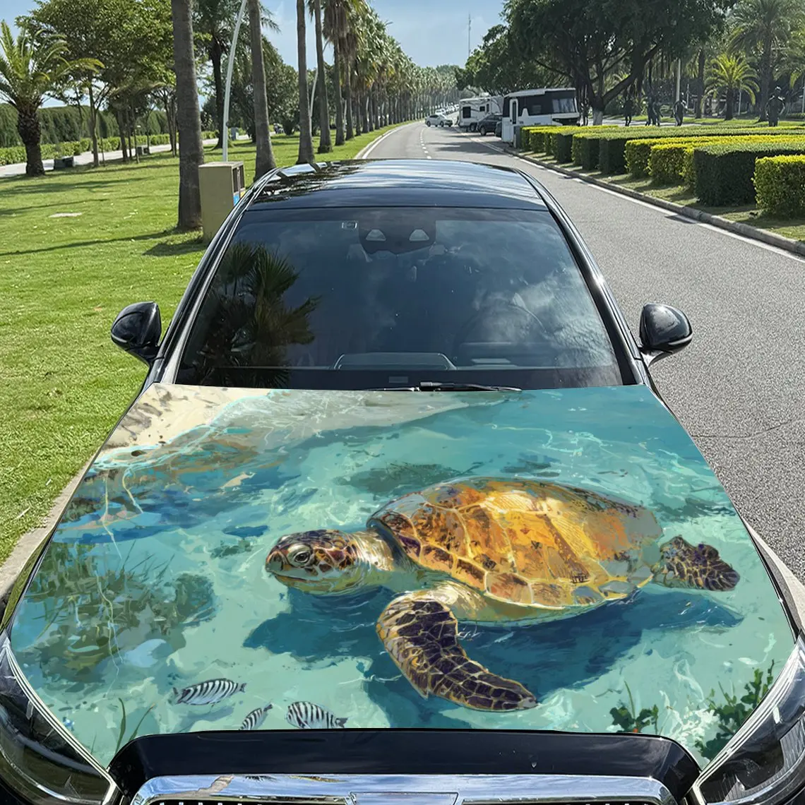 Serene Sea Turtle Scene Car Hood Stickers - Self-Adhesive, Waterproof and Durable Vinyl Wrap, Decorate And Protect Your Car - Th