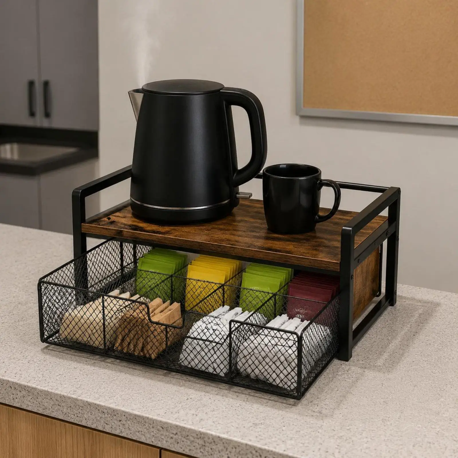 Kitchen Storage Organizer Wooden Metal Desk Organizer Rack with Drawer for Desktop Organization
