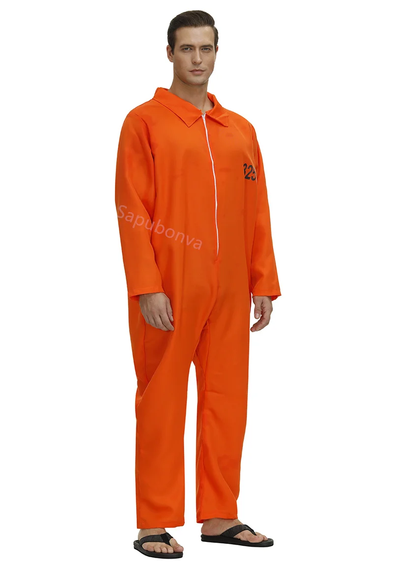 Prisoner Costume Outfit Mens Women Halloween Orange Prison Jumpsuit Adult Jail Criminal Cosplay Fancy Orange