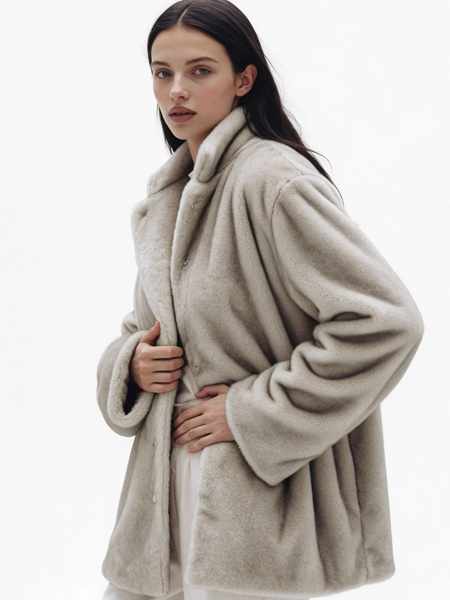 Women Apricot Faux Mink Fur Coat Stand Collar Button Up Loose Mid Length Fluffy Plush Jacket Winter Warm Lady Outerwear