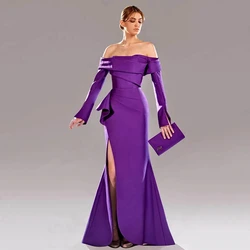 Purple Satin Off Shoulder Evening Dresses Purple Mermaid Long Sleeves Split Party Special Event Dresses vestidos de noche