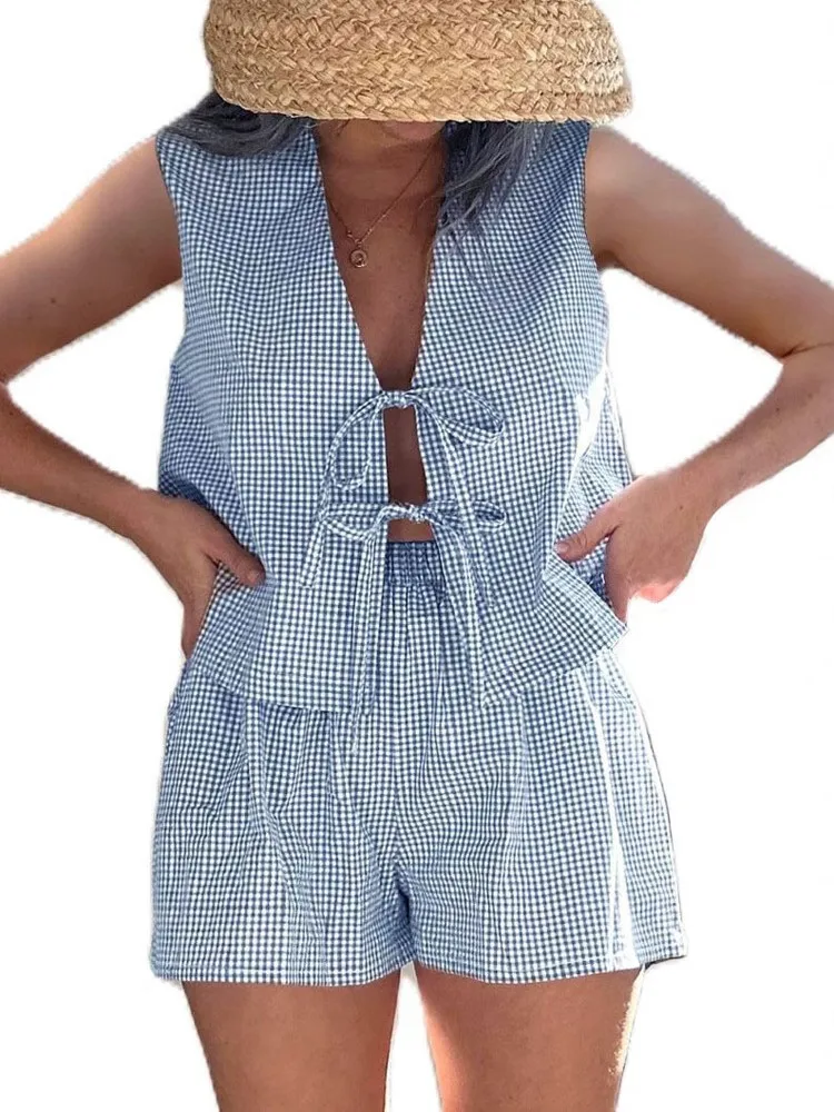 

New Summer Fashion Woman's Lace-up Set,Sleeveless Top,Tank Tops,Two Piece Set,Casual Sets,Plaid Sets For Ladies,Woman's Clothing
