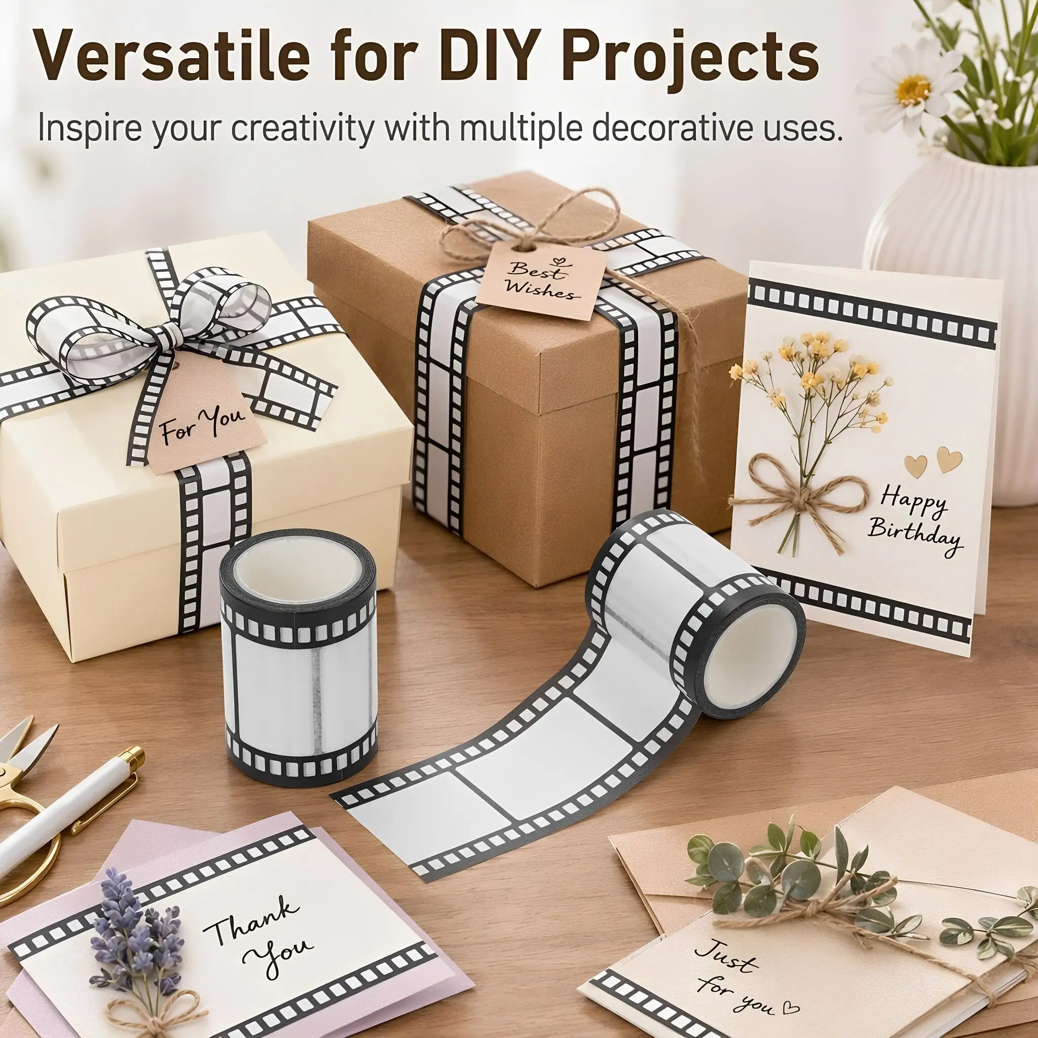 2Pcs Movie Film Border Tape Retro Vintage 2 Inch X 16Ft Self Adhesive Scrapbooking Tape Filmstrip Decor Film Themed Party