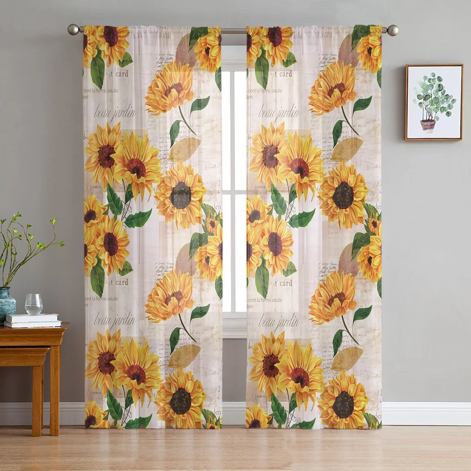 Sunflower Old Newspaper Background Sheer Curtains for Living Room Decoration Window Curtain Kitchen Tulle Voile Organza Drapes