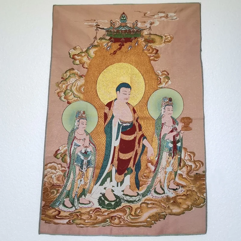 

Tangka Embroidery Western Three Saints Buddha Portrait Amitabha Buddha Avalokitesvara Mahayana Bodhisattva Hanging Paint mural