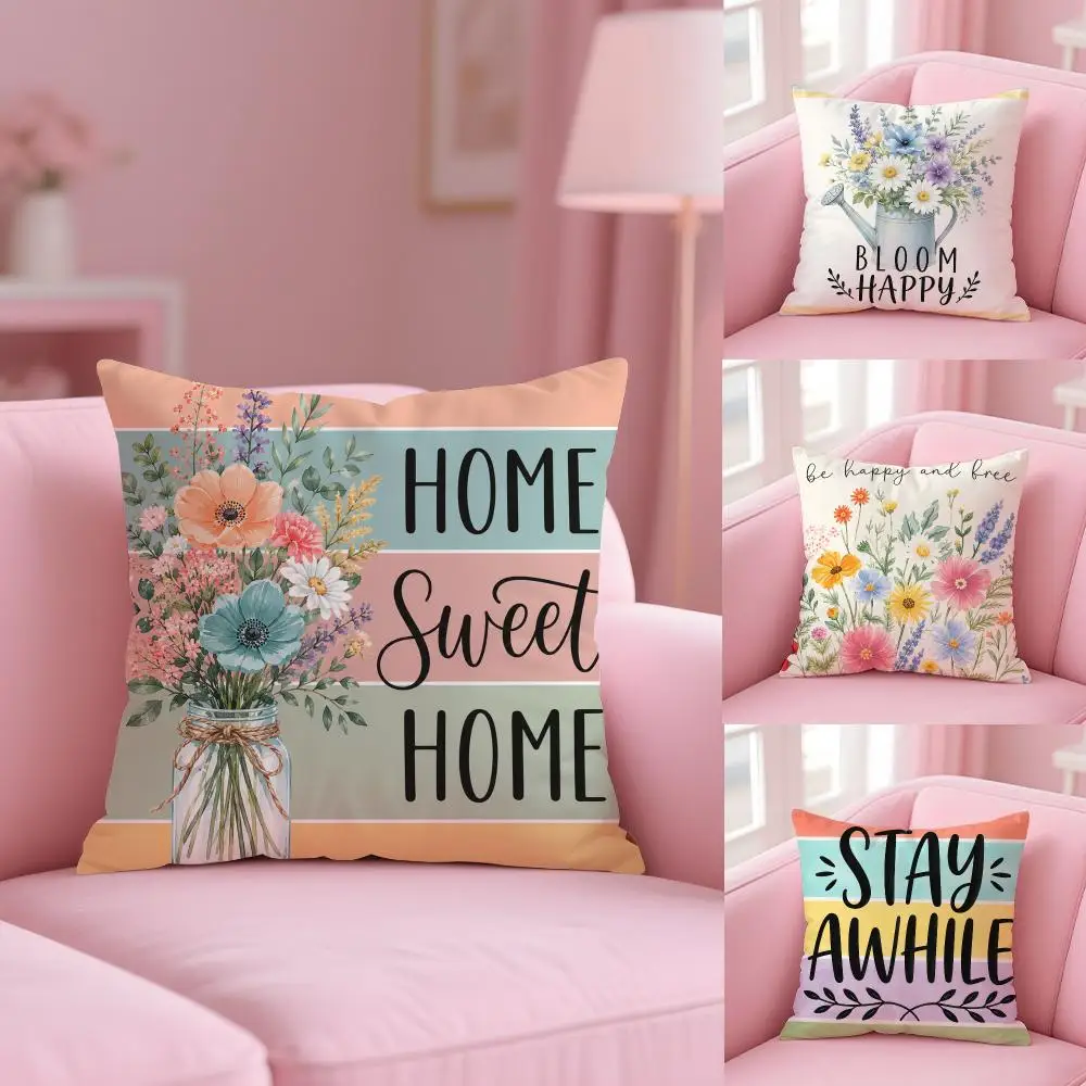 Bouquet of Flowers Cushion Cover Soft Short Plush Double-Sided Printing Home Decor Machine Washable Pillow Case Gift