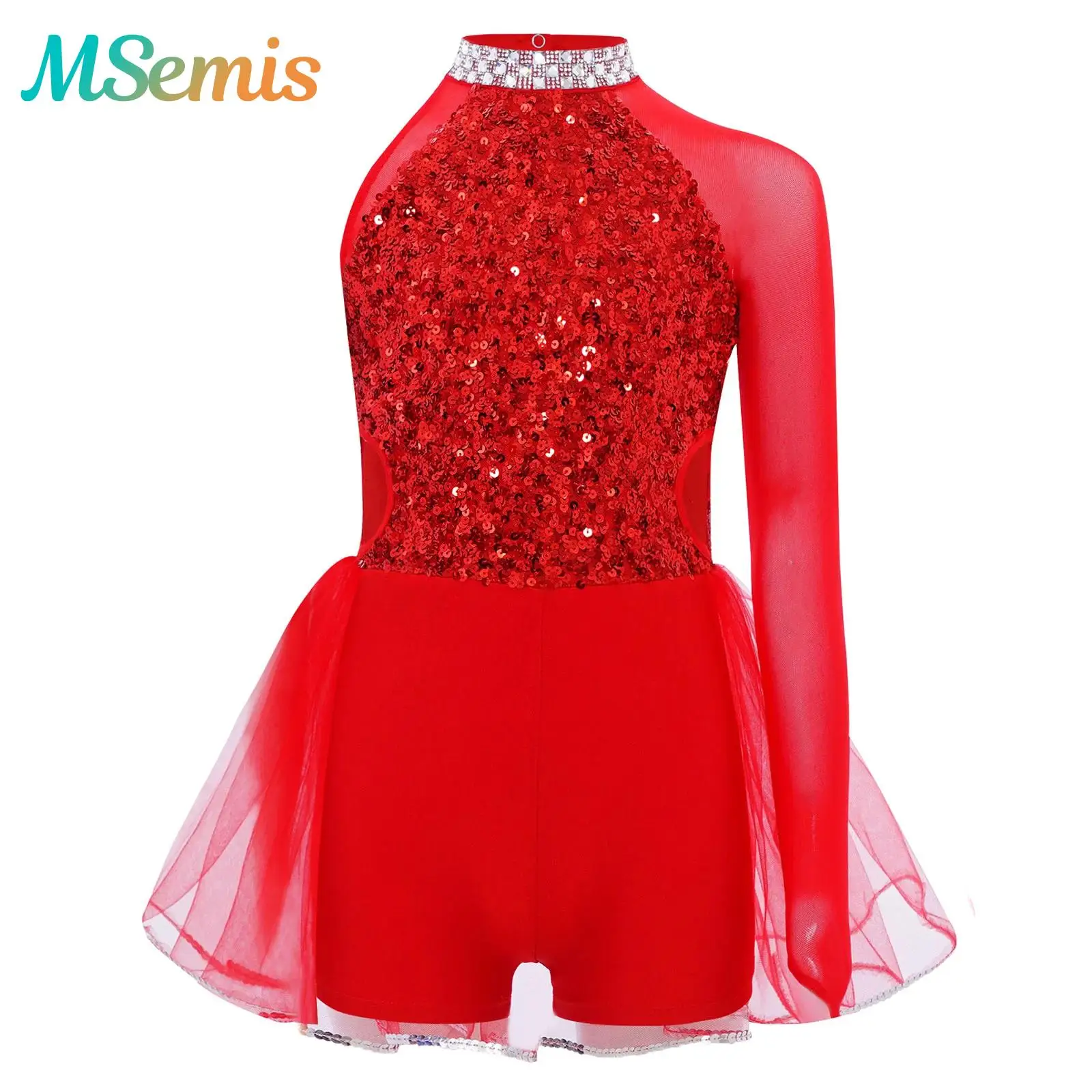 

Kids Girls Sparkly Sequins Gymnastics Skating Ballet Jazz Dance Performance Costume Bodice Tulle Skirted Leotard Jumpsuit Dress