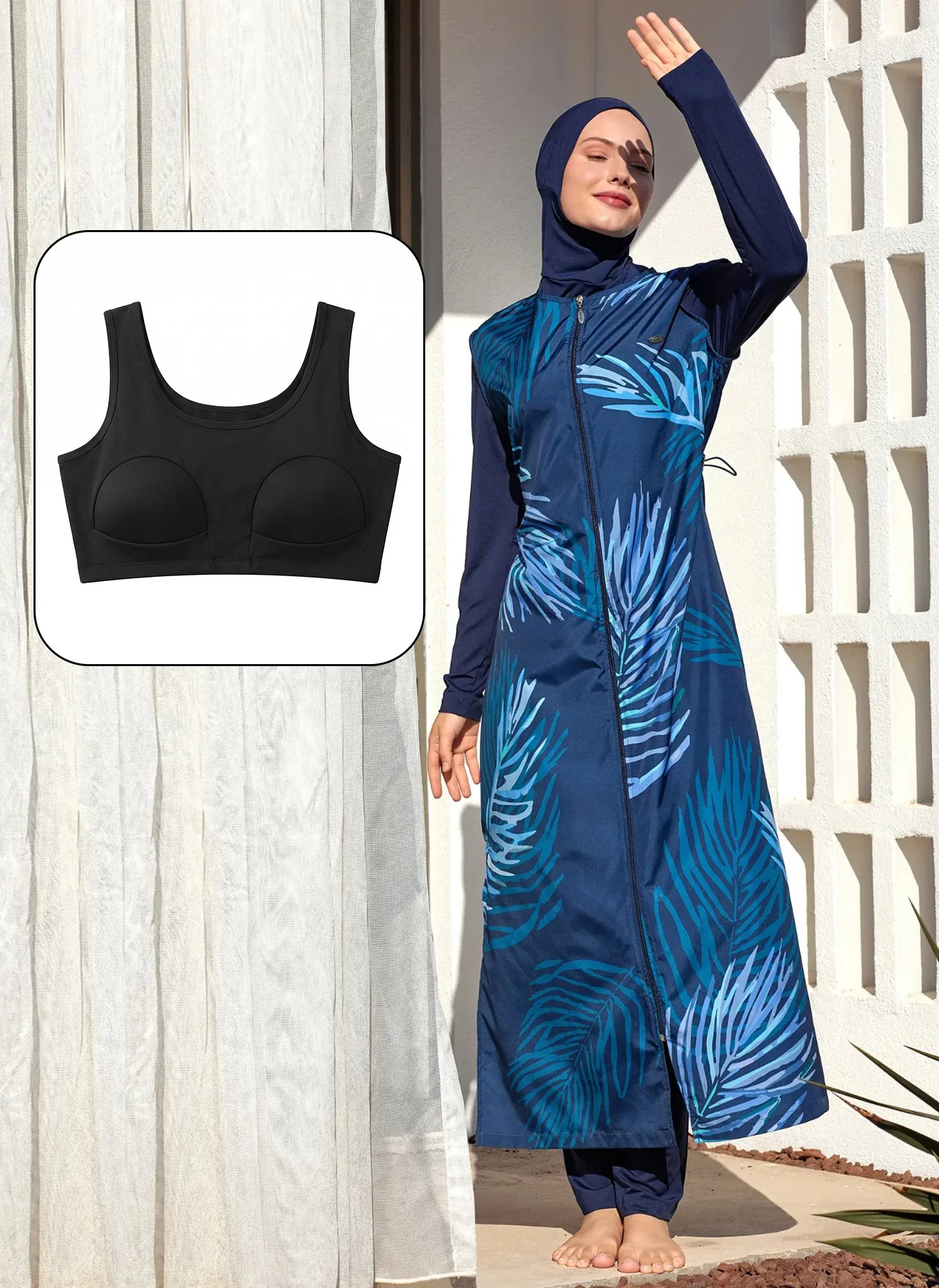 4pcs/set New Muslim Swimwear Women's Burkini Long Sleeve Sports Swimsuit Set UPF50-UV Protection image 3
