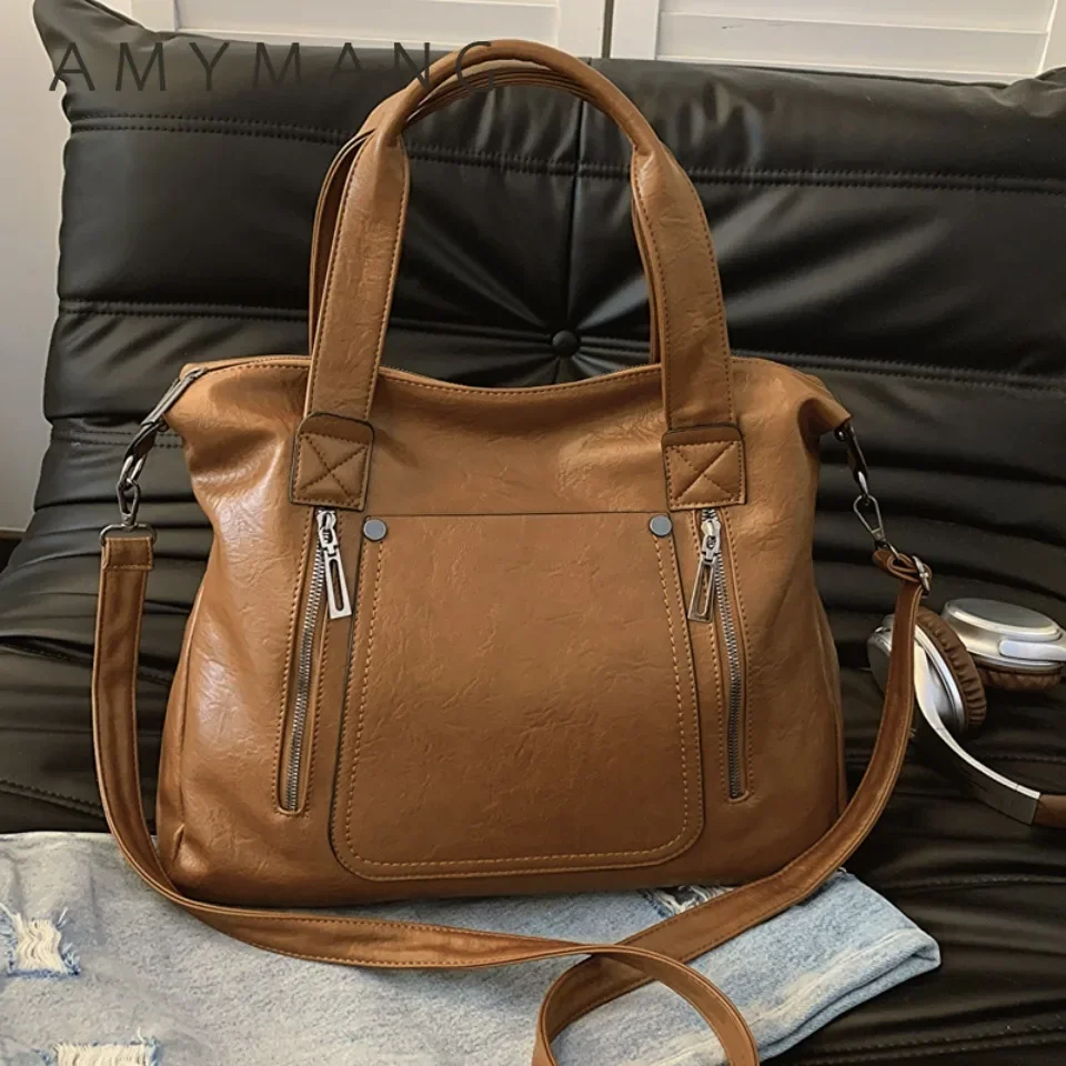 High-capacity Casual Durable Solid Color Tote Women Bag PU Leather Casual Totes Designer Vintage Handbags Simple Female Packages