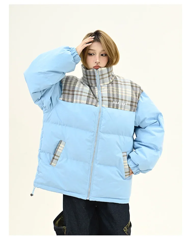 Parkas femininas com gola alta e emenda xadrez, estilo universitário americano Bf solto, casacos grossos, inverno, novo, 2024