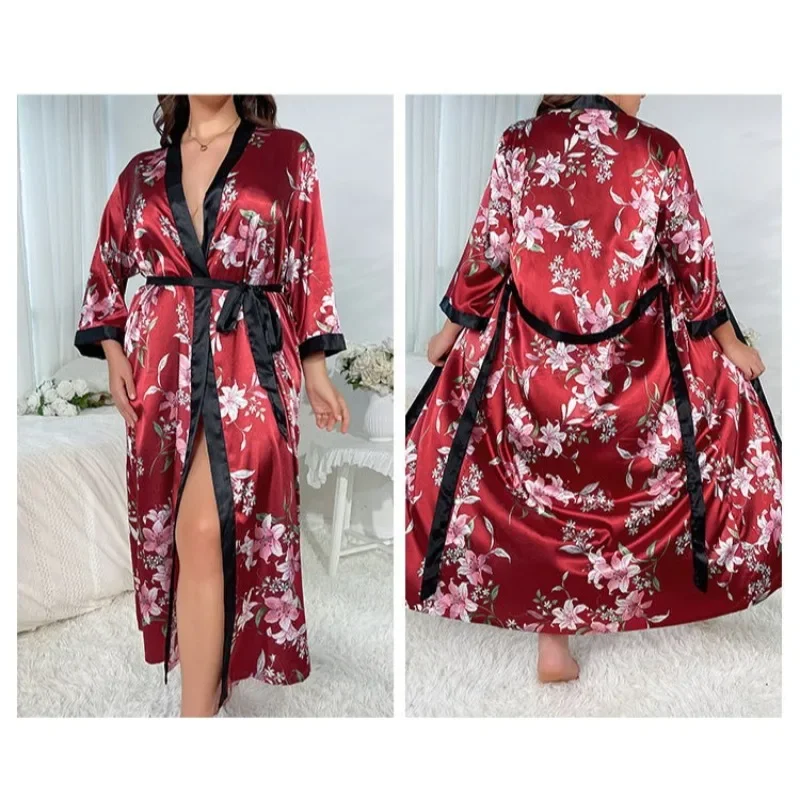 

Long Simulated Silk Fat Sister Pajamas Yukata 105KG Large Size Pajamas Women's Spring Summer European and American Loose Pajamas