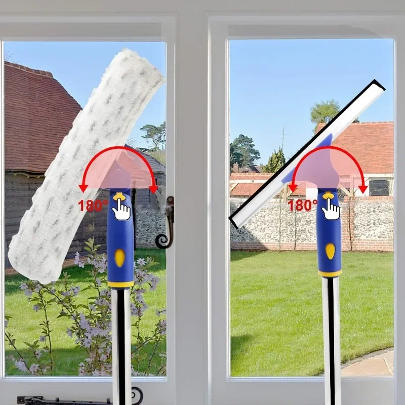 Window Cleaner Squeegee Rotatable and Microfiber Scrubber with Extendable 3 Section Stainless Steel Pole  with 2 Microfiber Pads