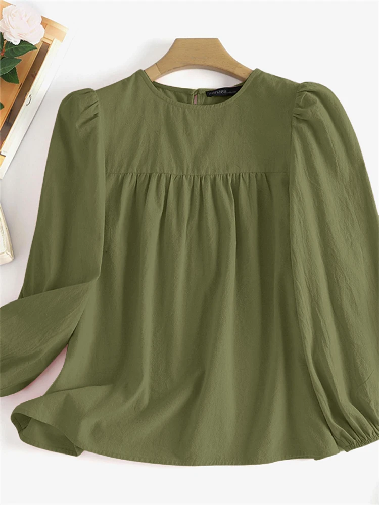 

2025 ZANZEA Autumn Blouses Women Casual O Neck Long Sleeve Tops Solid OL Work Shirt O Neck Blusas Stylish Holiday Pleated Blusas