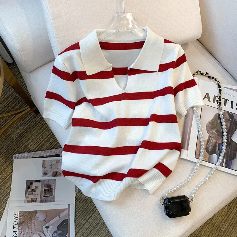 

New Striped Blouse Pattern Collared Sweater Versatile Short Sleeve Knitted Top for Spring & Summer Women's Clothing Crop Top