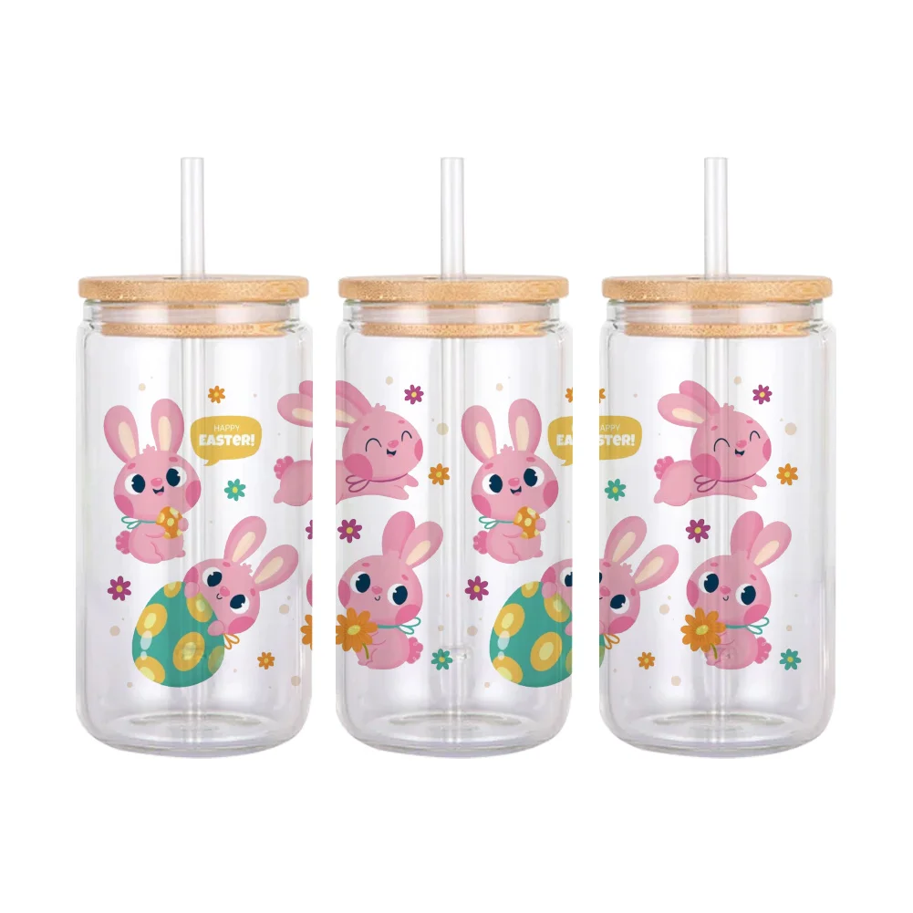11x24cm Cartoon Easter Day Rabbit Eggs For Libbey 16oz Can Glass 3D Waterproof UV DTF Coffee Can Wrap Libbey Glass Wrap