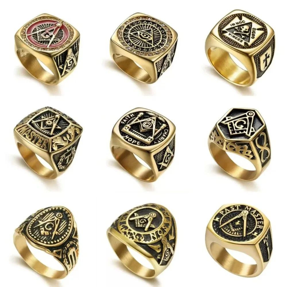 Vintage The Masonic AG Emblem Square Rings for Men Stainless Steel Freemasonry Punk Jewelry All-seeing Eye Shaped Mysticism Gift