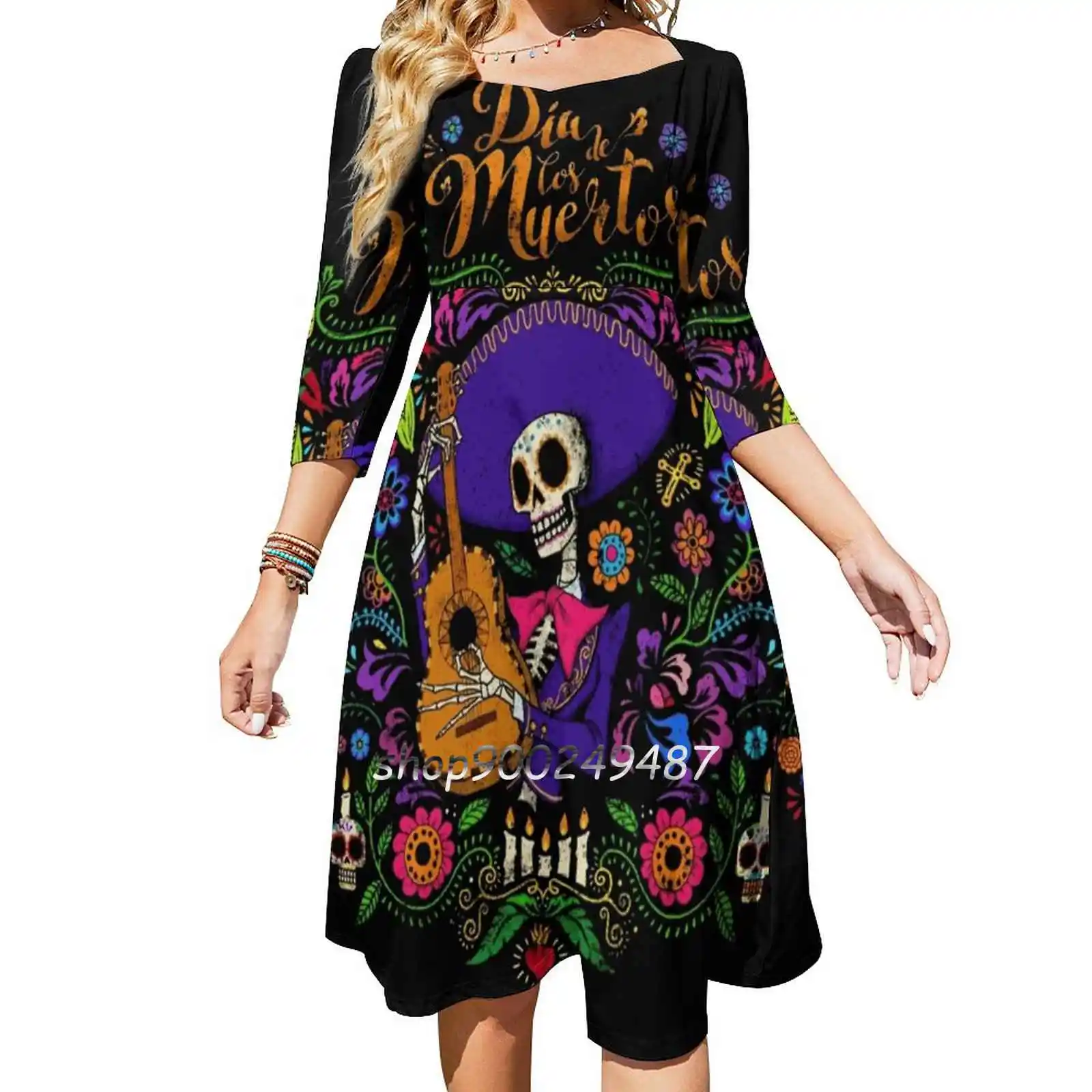 

Dia De Los Muertos Sweetheart Knot Flared Dress Fashion Design Large Size Loose Dress Day Of Dead Sugar Skull Scheleton