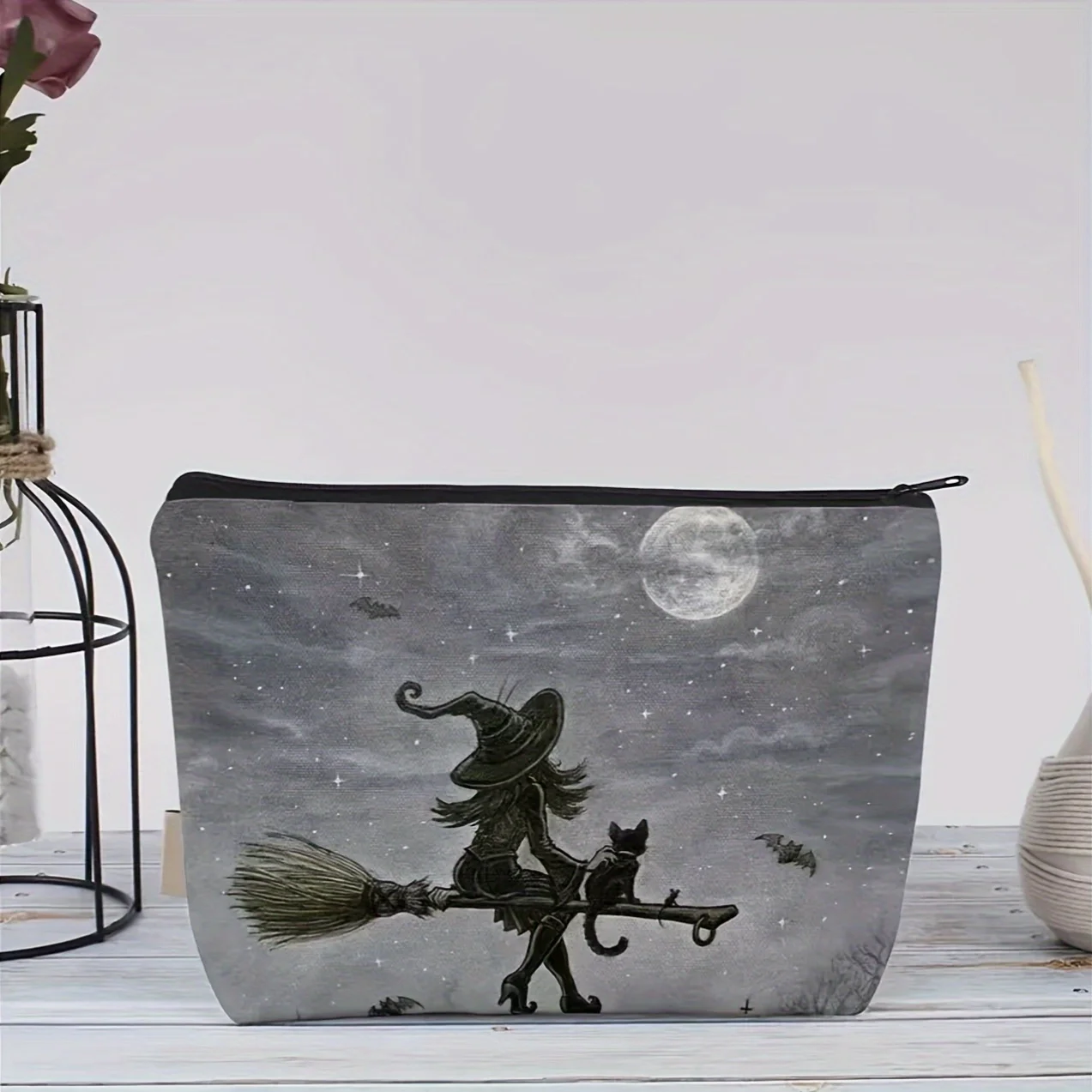 A Witch and Cat Makeup Bag - Women's Cute Multifunctional Zipper Pouch, Jewelry Storage Bag