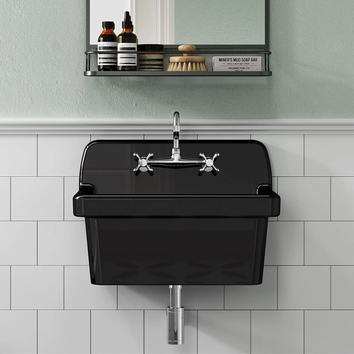 

Wall Mount Utility Sink Wall Mounted Laundry Tub Ceramic Farm Style High Back Farmhouse Sink Glossy Black 24"" X 19"" X 16.5""