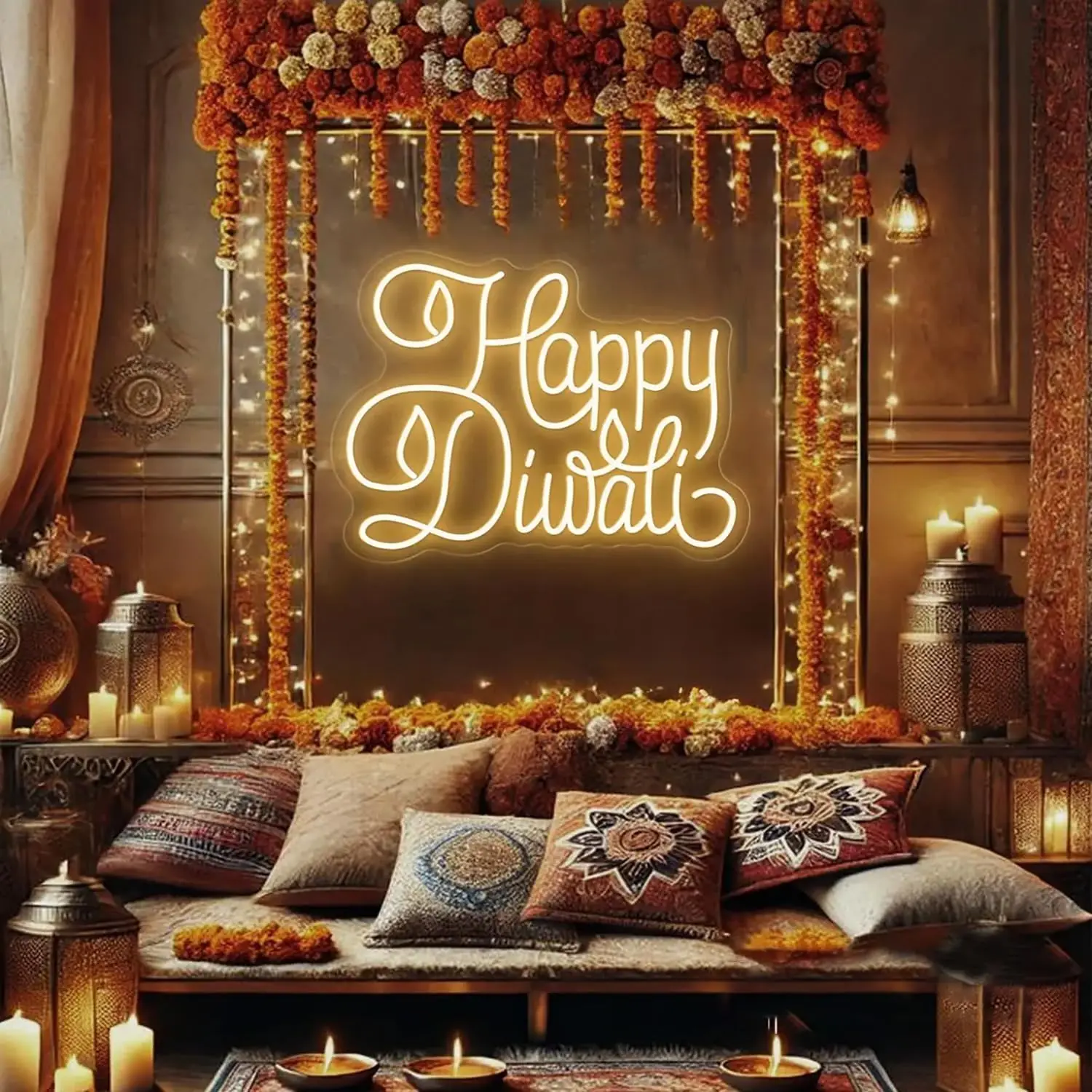 Happy Diwali Neon Sign 25inches Custom Shubh Diwali Diya LED Neon Light Sign, Indian Diwali Party Wall Decor Hindu Festival Of L
