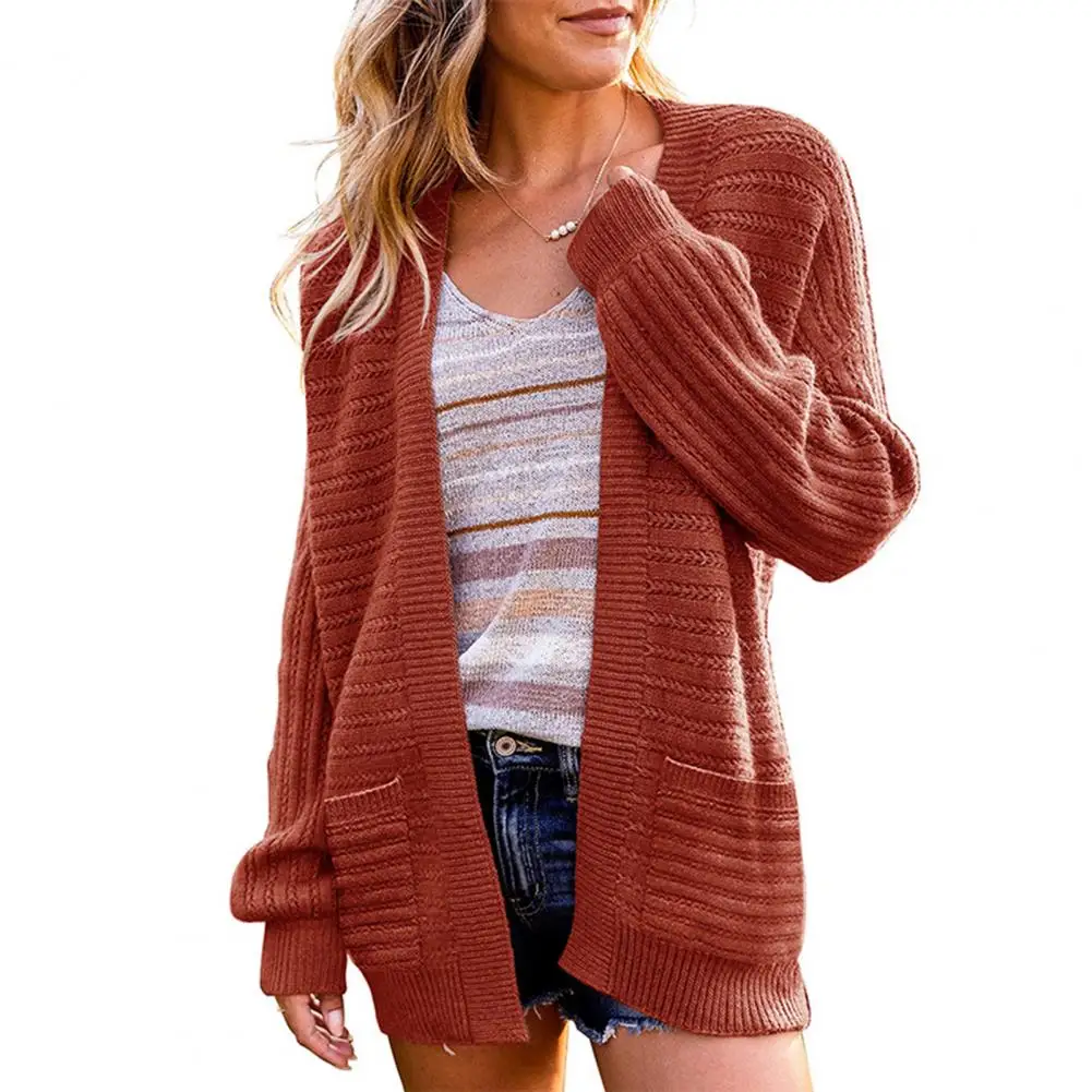 

Long Sleeve Two Pockets Open Stitch Knit Cardigan Autumn Winter Casual Solid Color Mid-Length Knitted Outerwear for Reunion Coat
